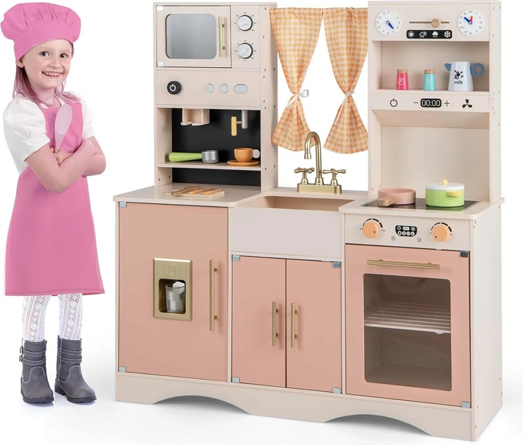 Costway Set da cucina per bambini con microonde macchina del caffè, Cucina giocattolo in legno per piccoli chef 3+ anni 2 Colori