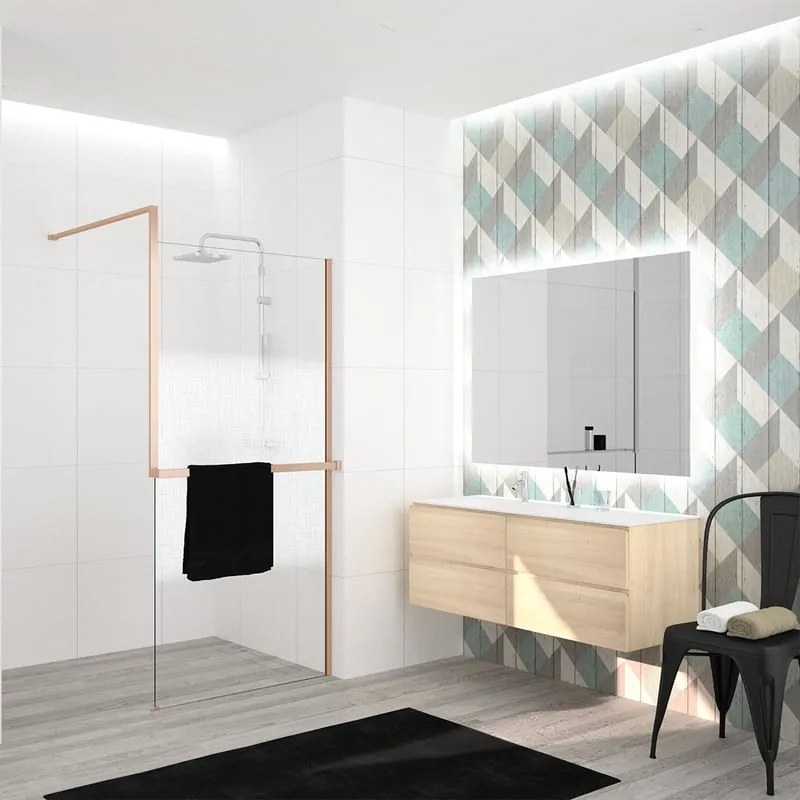 Box doccia walk-in Elidesign, vetro serigrafato 8 mm, L max 140 cm x H 200 cm, profilo dorato
