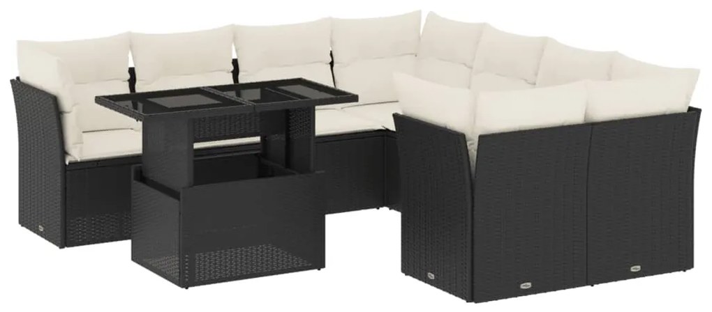 Set divani da giardino 9 pz con cuscini nero in polyrattan