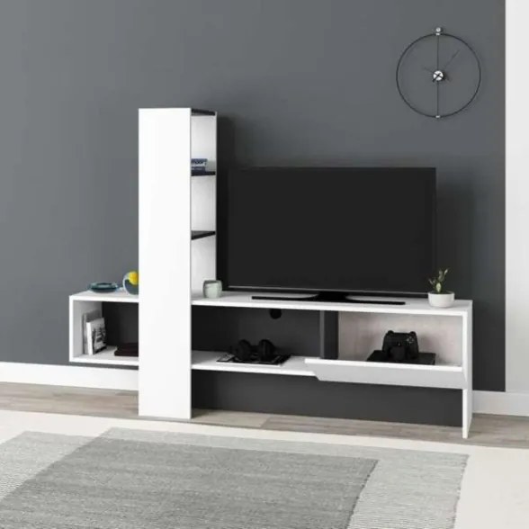 Mobile porta TV 180 cm bianco e antracite con libreria Troya