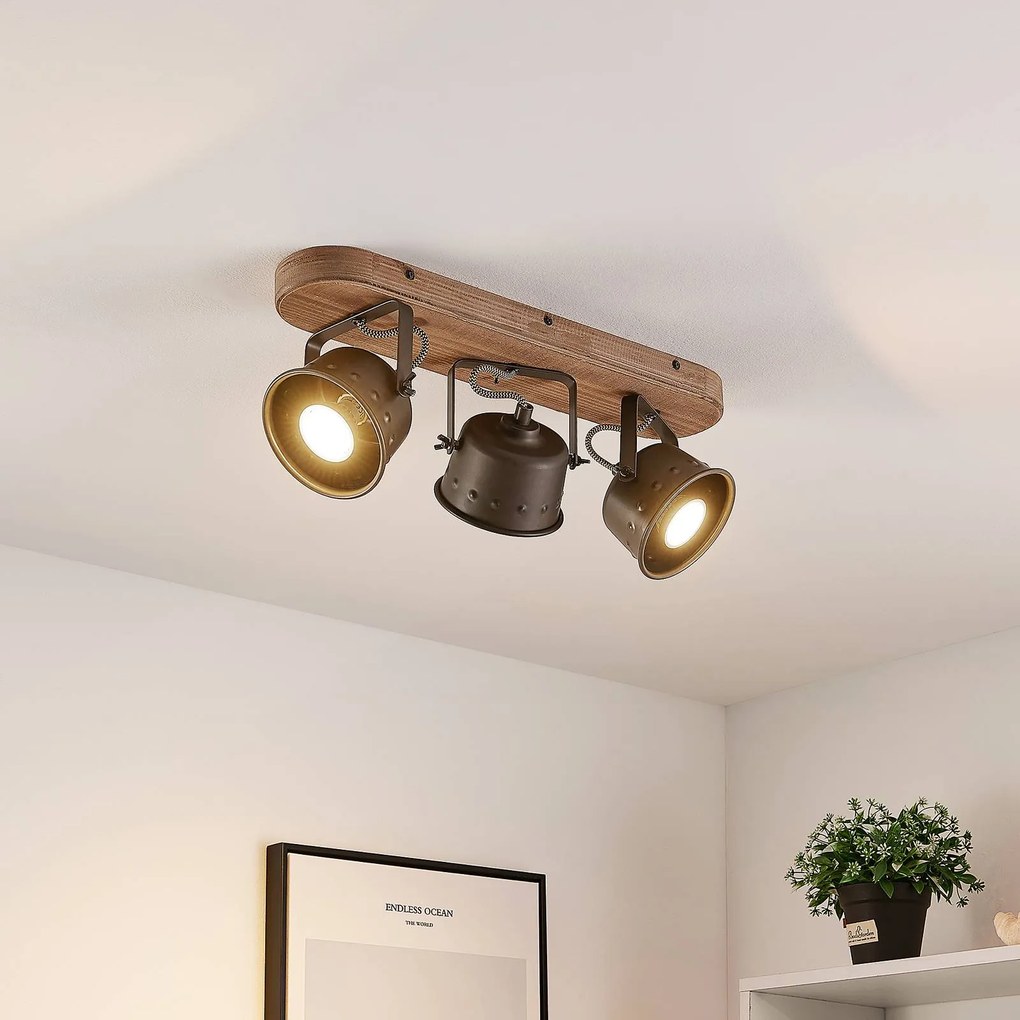 Faretto da soffitto Lindby Rubinjo, 45 cm, a 3 luci, legno, metallo