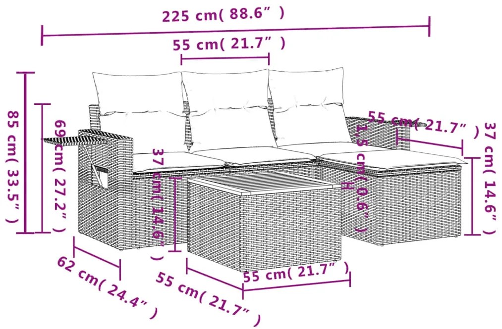 Set divano da giardino 5 pz con cuscini beige misto polyrattan