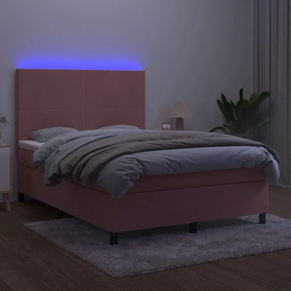 Letto a Molle con Materasso e LED Rosa 140x190 cm in Velluto