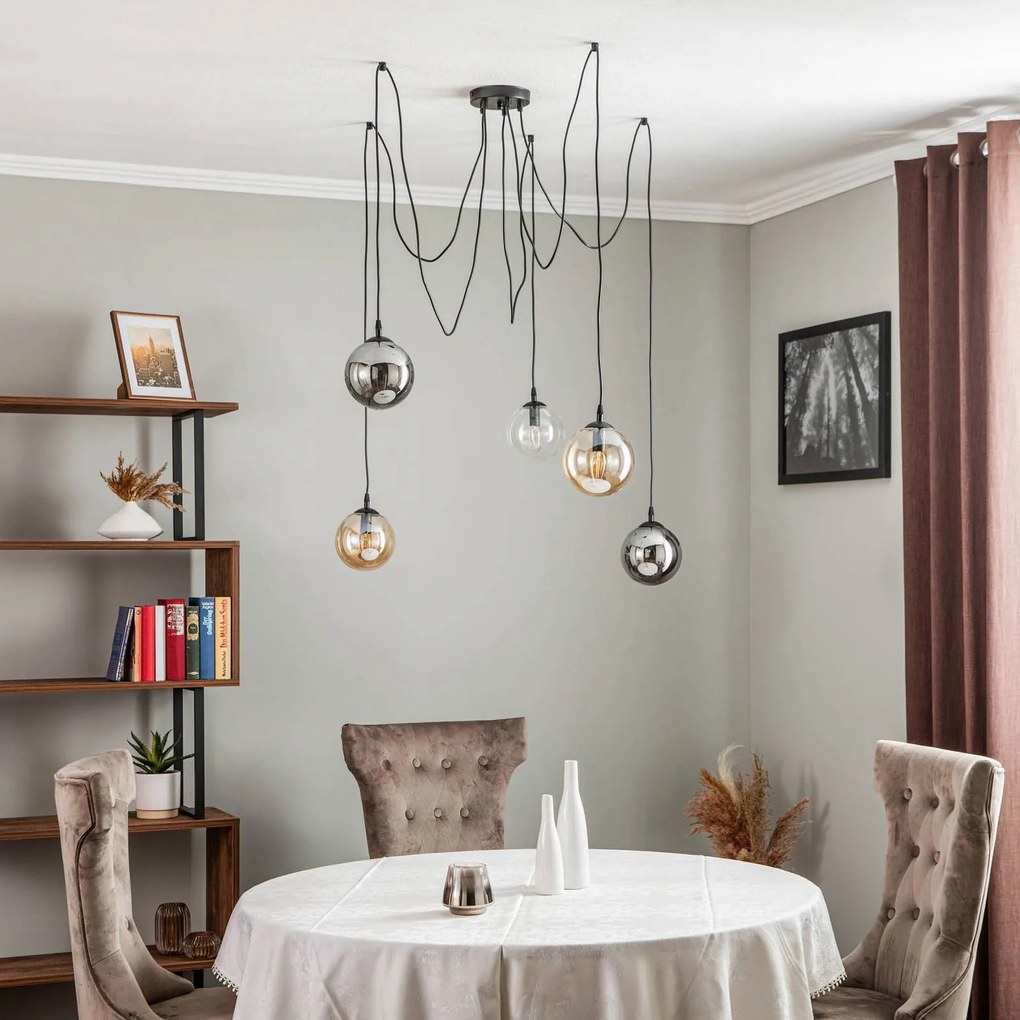 EMIBIG LIGHTING Lampada a sospensione Glassy, a 5 luci, nero, grafite/ambra/trasparente, E14