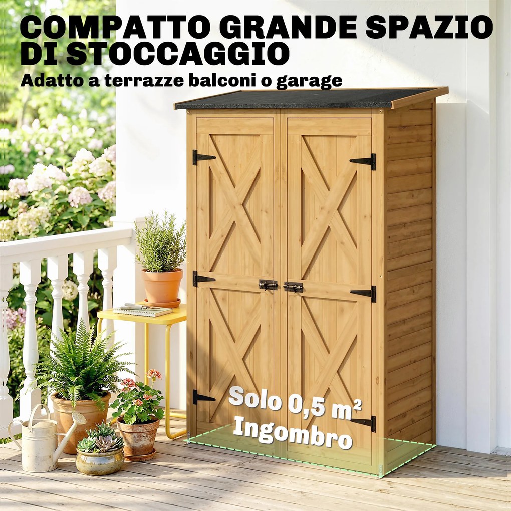 Capanno Armadio Porta Attrezzi da Giardino 115x53x156 cm con Ripiani Interni in Legno di Abete Marrone...