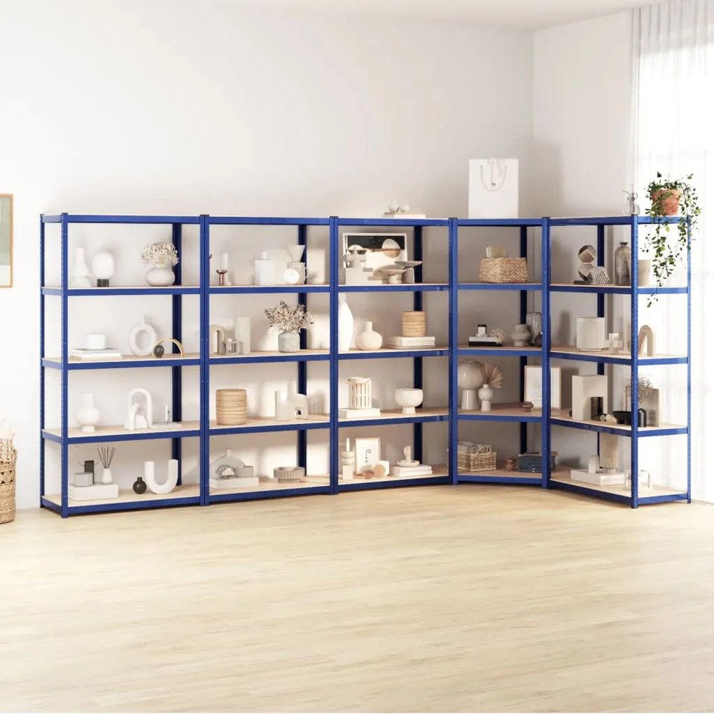 Scaffali A 5 Ripiani 5 Pz Blu İn Acciaio E Legno Multistrato /
