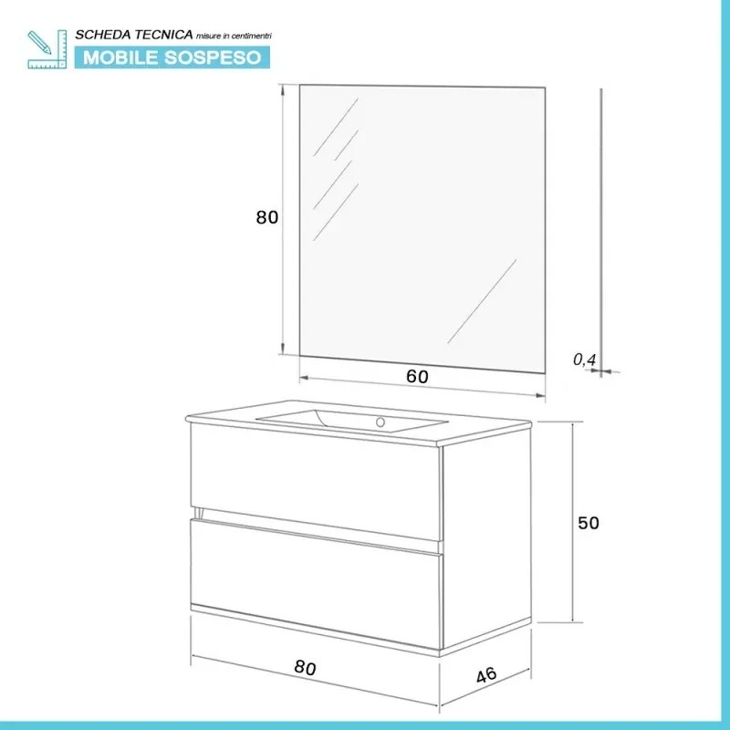Mobile bagno sospeso 80 rovere bianco completo con 2 cassetti Nadia