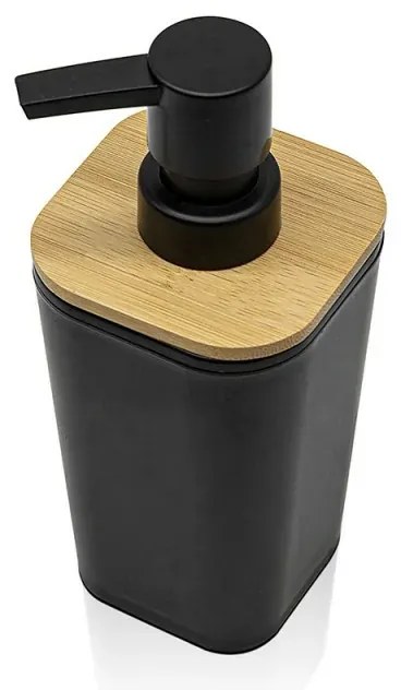 Dispenser sapone in finitura nera opaca con dettagli in bambù