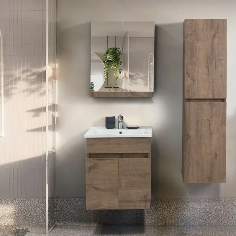 Mobile bagno sospeso 55 cm rovere scuro con specchio contenitore Mona