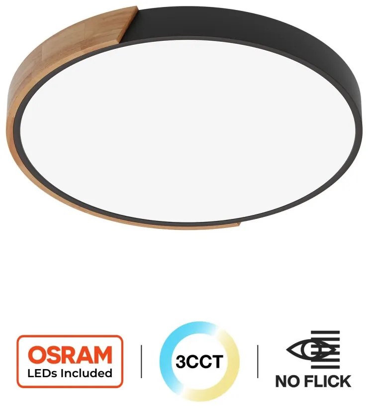 Plafoniera LED Rotonda 36W CCT, Ø500mm, Legno/Nero - OSRAM LED Colore Bianco Variabile CCT