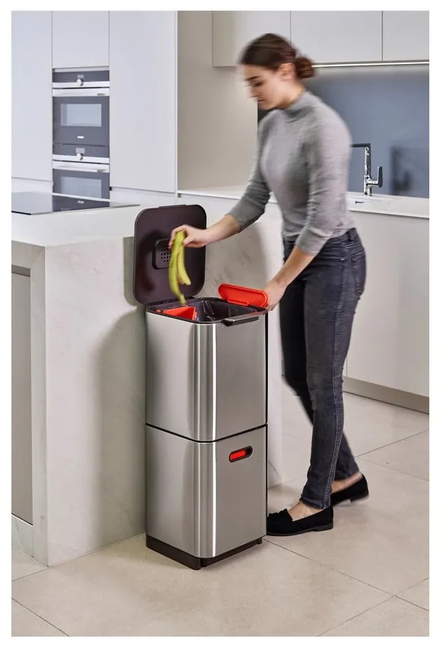 Bidone in acciaio per rifiuti differenziati in argento 40 l Totem Compact - Joseph Joseph