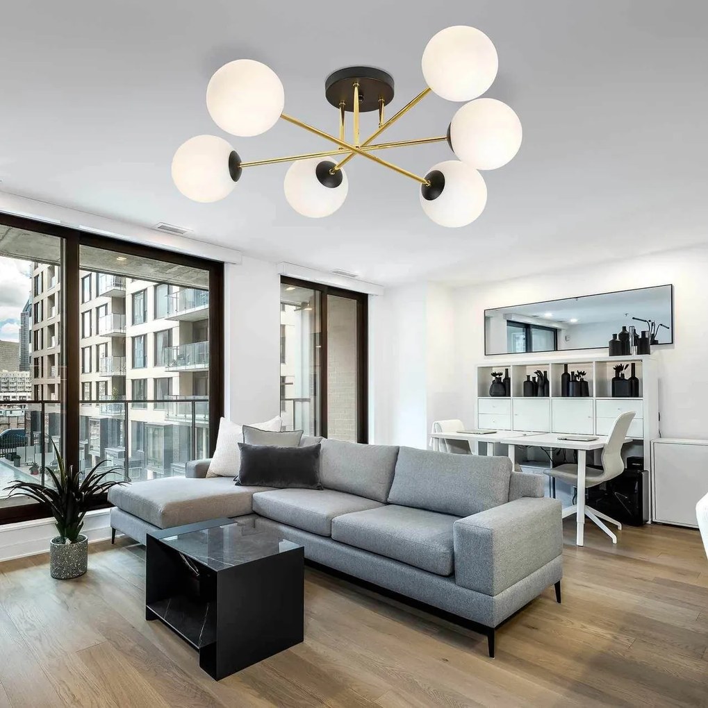 Lampadario Magnum Nero e Oro con 6 Sfere Satinate E14 da soffitto