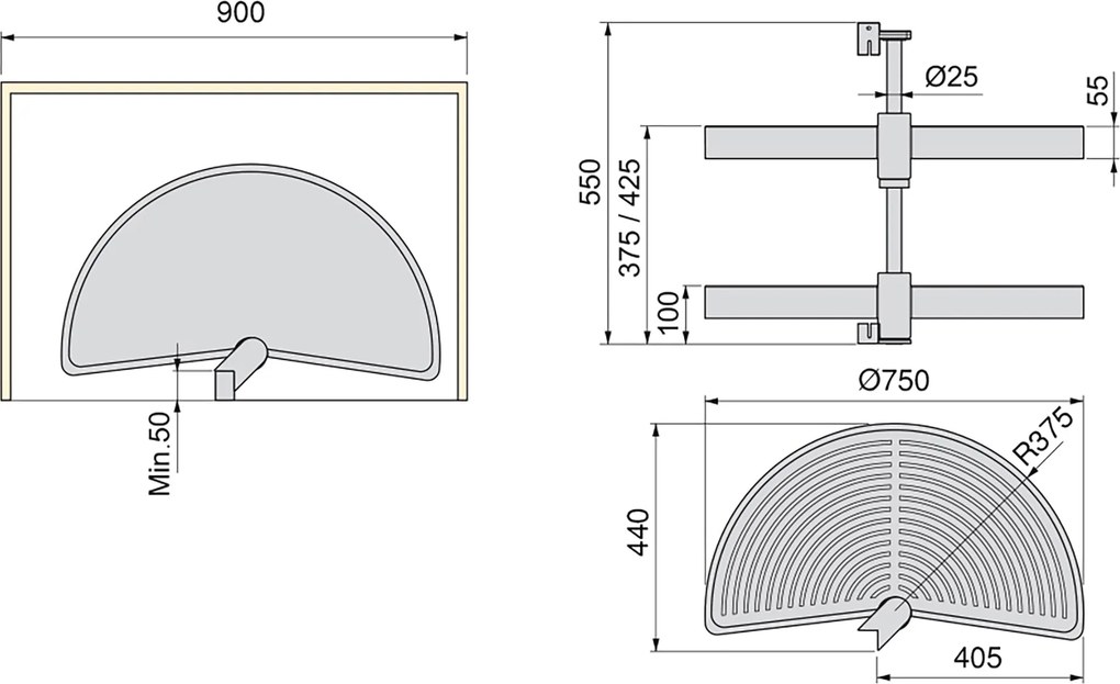 Cestello Girevole Ø75 cm per Mobile da Cucina 90 cm in Plastica Emuca Grigio...