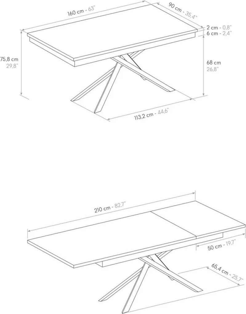 Tavolo VOLPAIA in legno, finitura bianco frassinato e base in metallo verniciato bianco, allungabile 160&#215;90 cm &#8211; 210&#215;90 cm