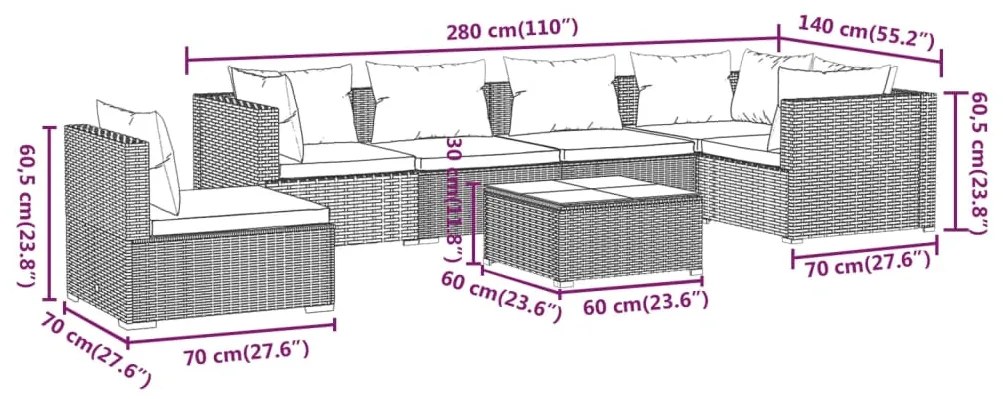 Set Divani da Giardino 7 pz con Cuscini in Polyrattan Marrone