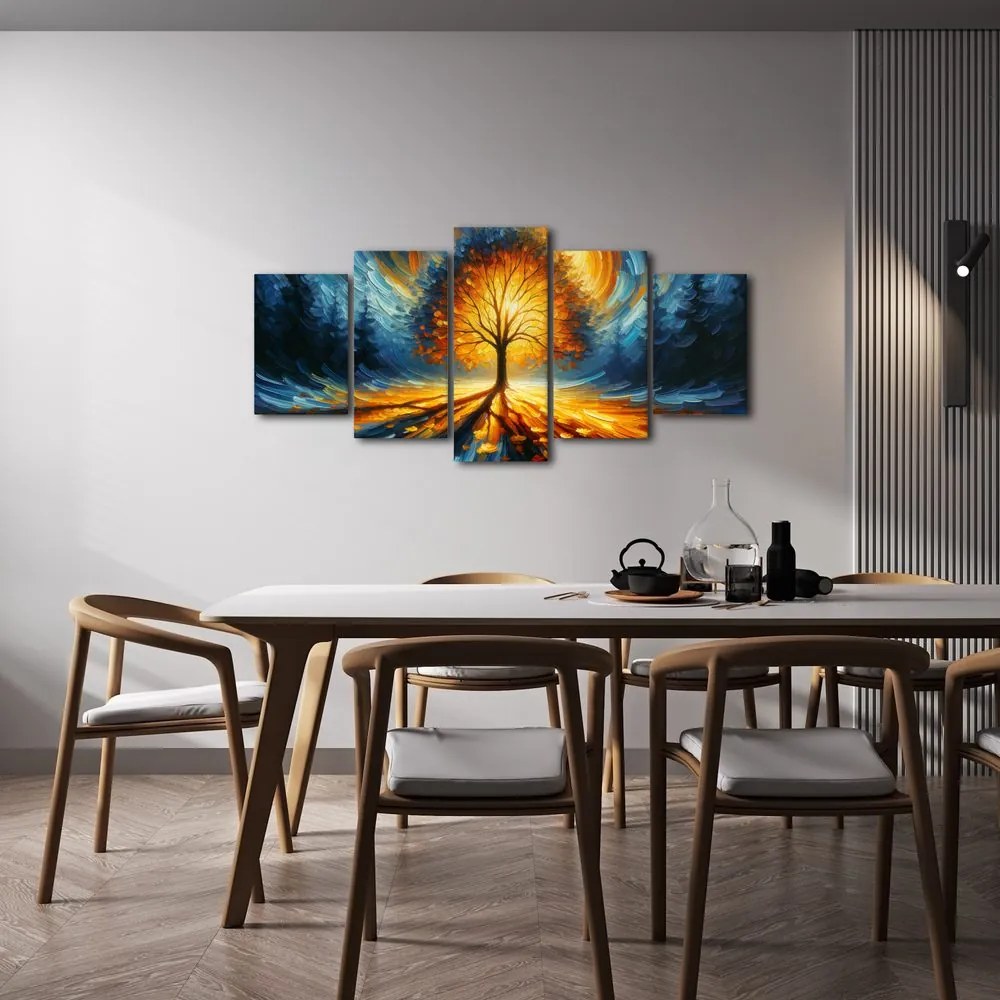 Quadri 5 pezzi – Albero della vita luminoso nei toni infuocati