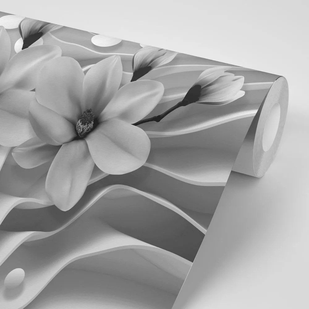 Carta da parati – Magnolia in bianco e nero su sfondo astratto
