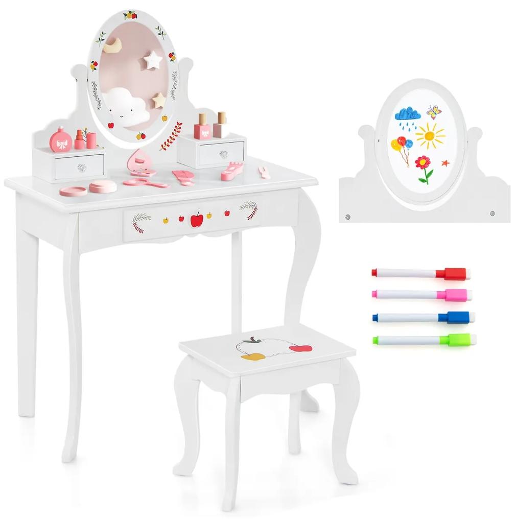 Costway Set da toeletta per bambini con specchio girevole e lavagna, Tavolo da trucco da principessa con sgabello Bianco