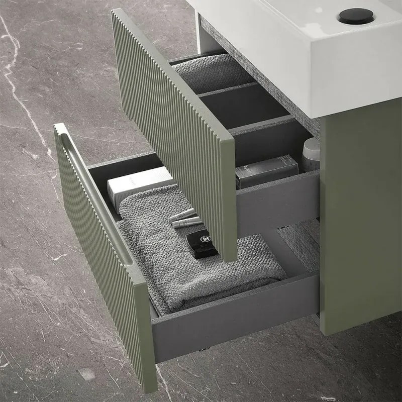 Mobiletto bagno sospeso cannettato 60 cm verde con lavabo Bali