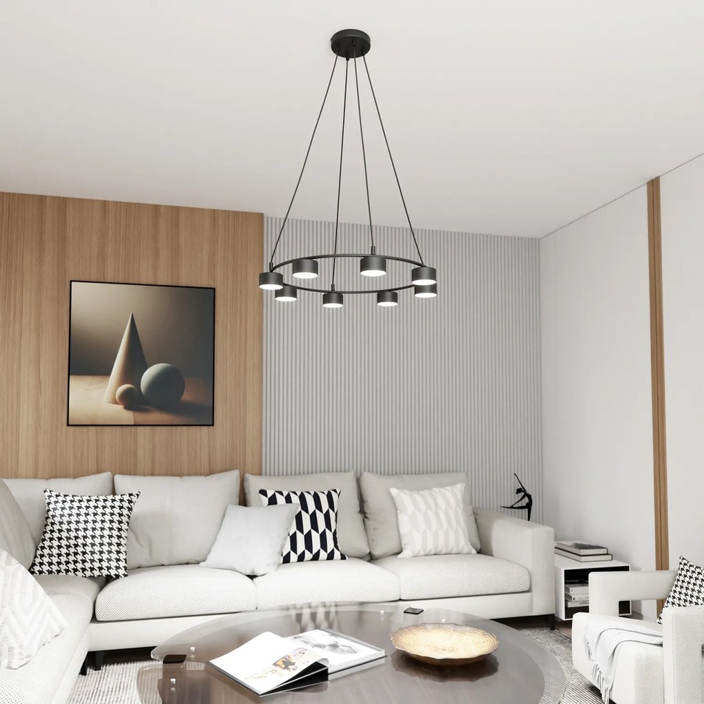 Lampadario Moderno 8 Luci Odin In Acciaio Nero Ad Anello E Cilindri