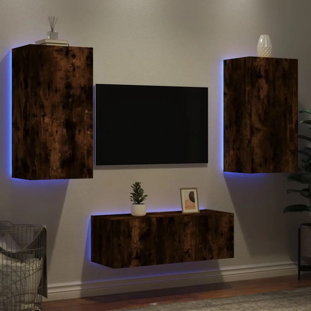 Mobili tv a muro con led 4pz rovere fumo in legno multistrato