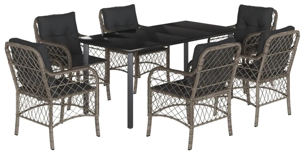 Set da pranzo da giardino 7 pz con cuscini in polyrattan grigio