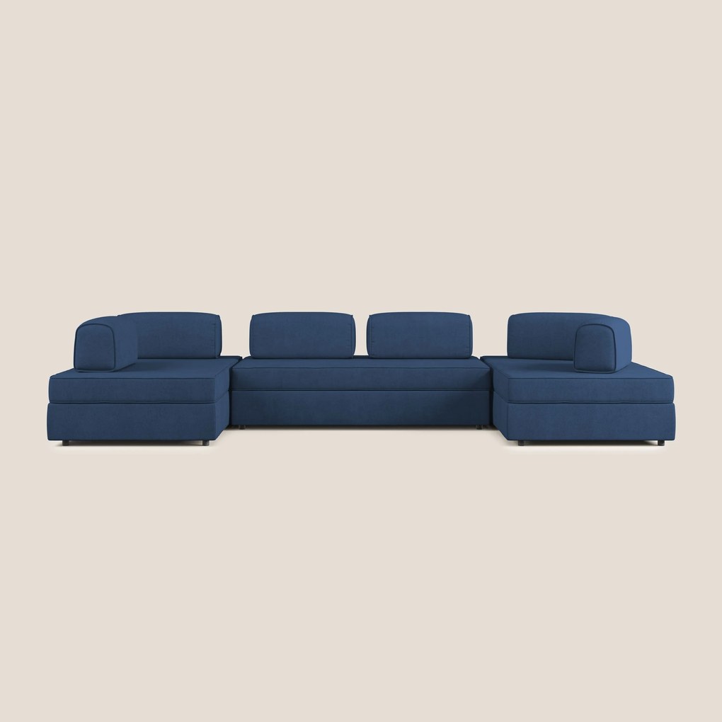 Liberty divano panoramico con pouf estraibile e schienali movibili in tessuto morbido impermeabile T02 blu
