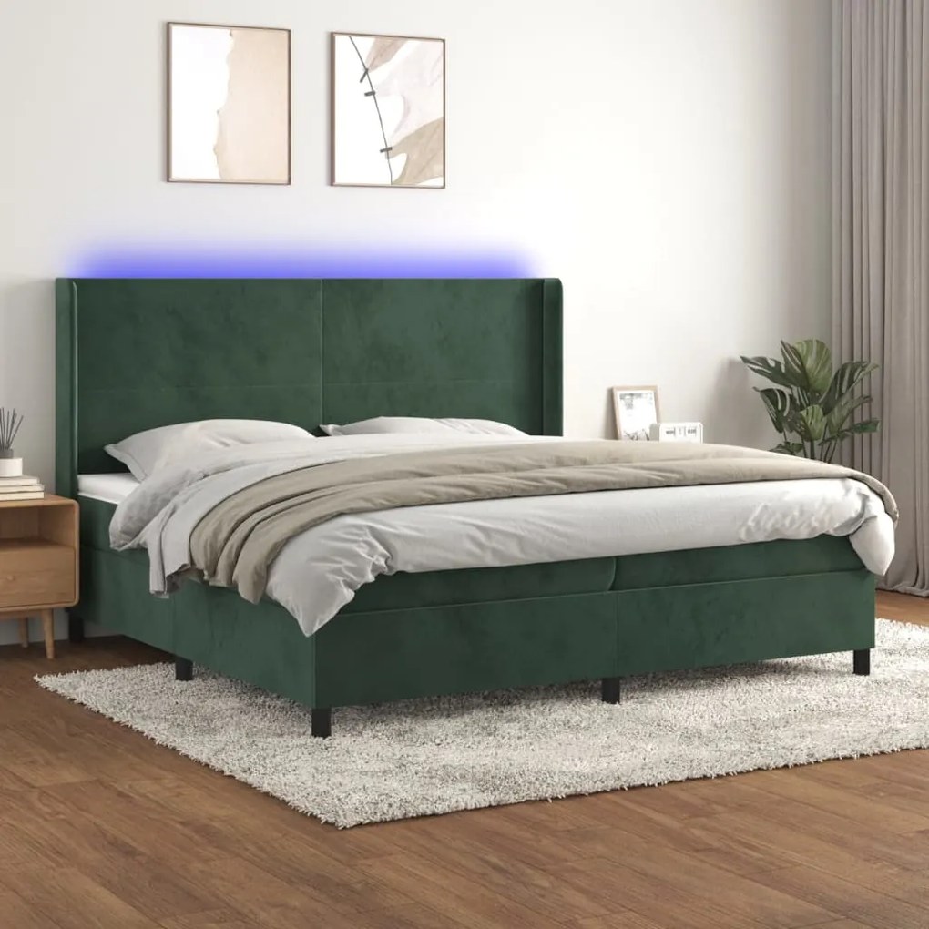 Letto a molle con materasso e led verde scuro 200x200cm velluto