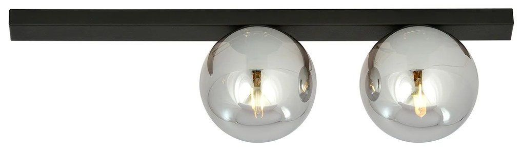 Plafoniera Moderna 2 Luci Giapeto Barra In Acciaio Nero E Sfere Di Vetro Fumè