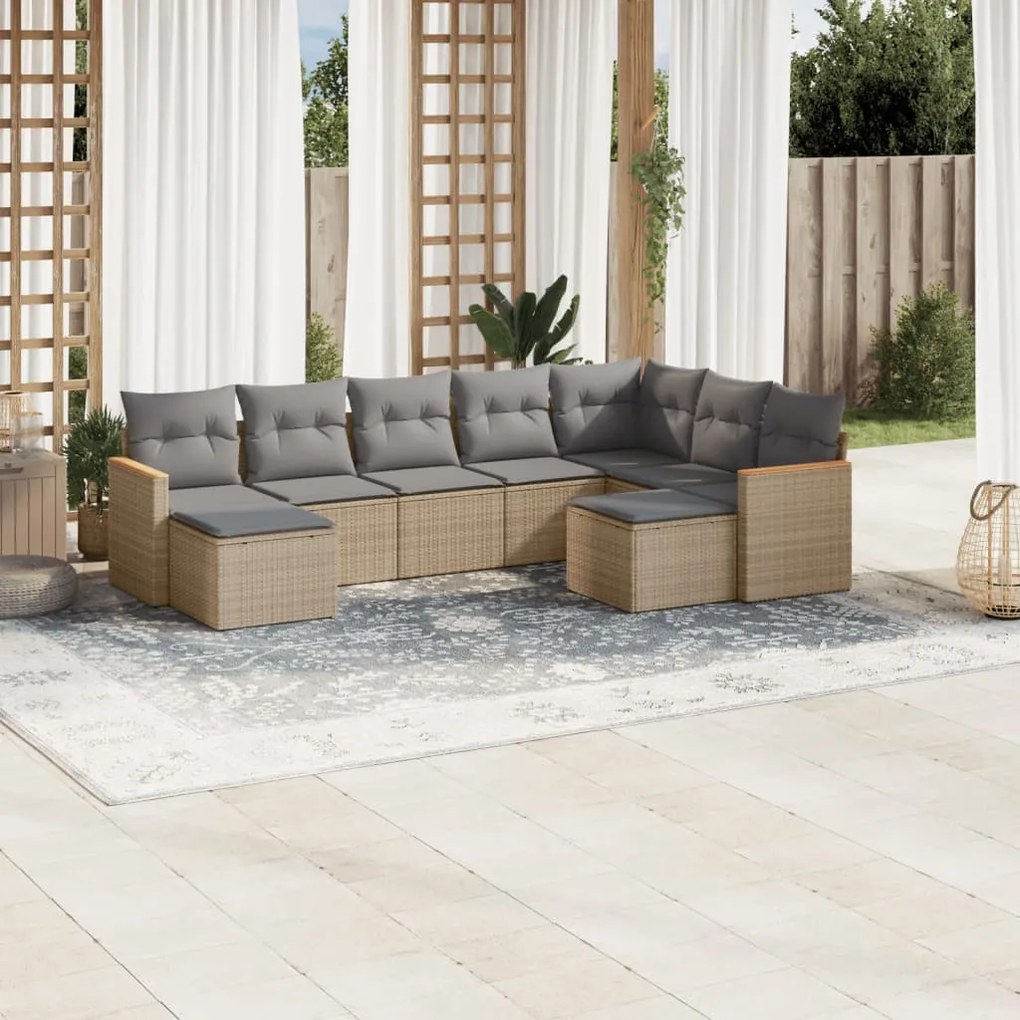 Set Divano da Giardino 9 pz con Cuscini Beige Misto Polyrattan