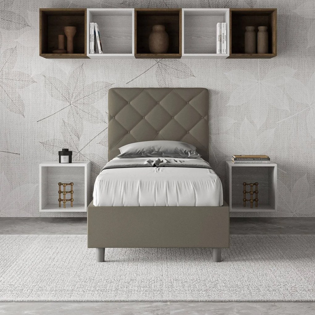 Letto singolo imbottito similpelle Priya, Cappuccino / Contenitore
