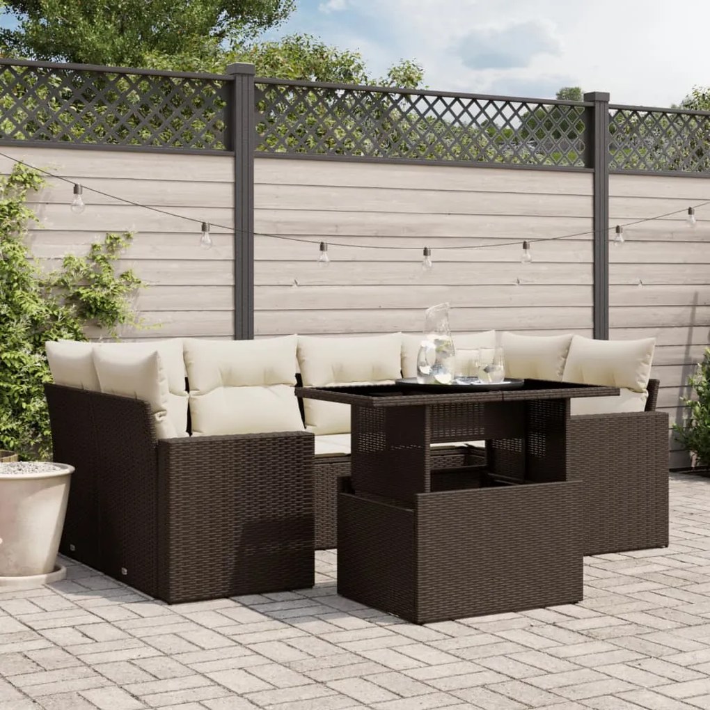 Set divani da giardino 7 pz con cuscini marrone in polyrattan