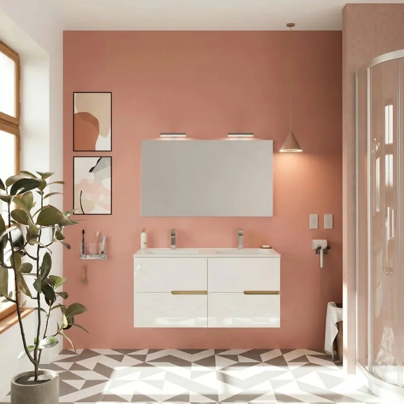 Composizione Eva sospeso L 120 x P 44 x H 50 cm, con due cassetti, Rovere naturale e Bianco Lucido, lavabo in ceramica, specchiera e lampada LED