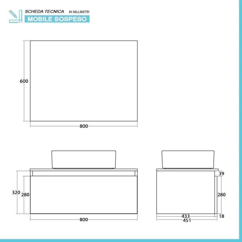 Mobile bagno sospeso 80 cm ossido e rovere con lavabo e specchio Kleo