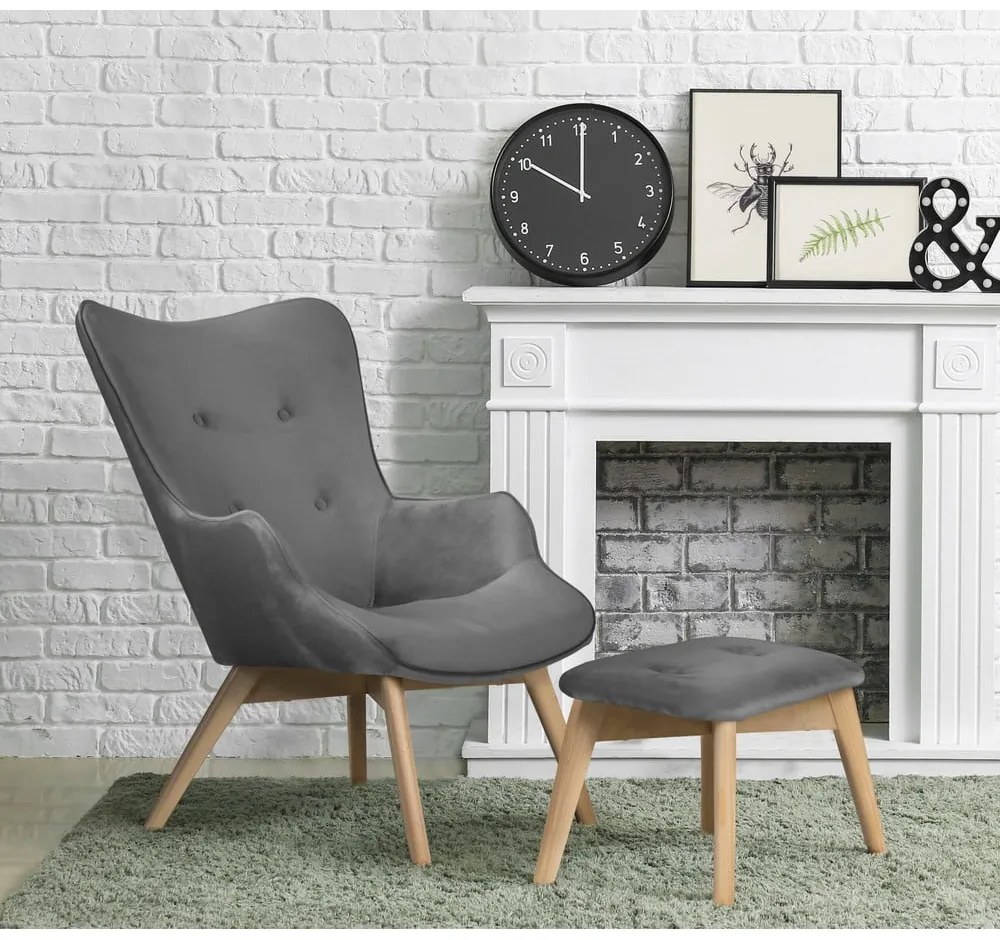 Poltrona con poggiapiedi grigia con rivestimento in velluto Niko – Ropez