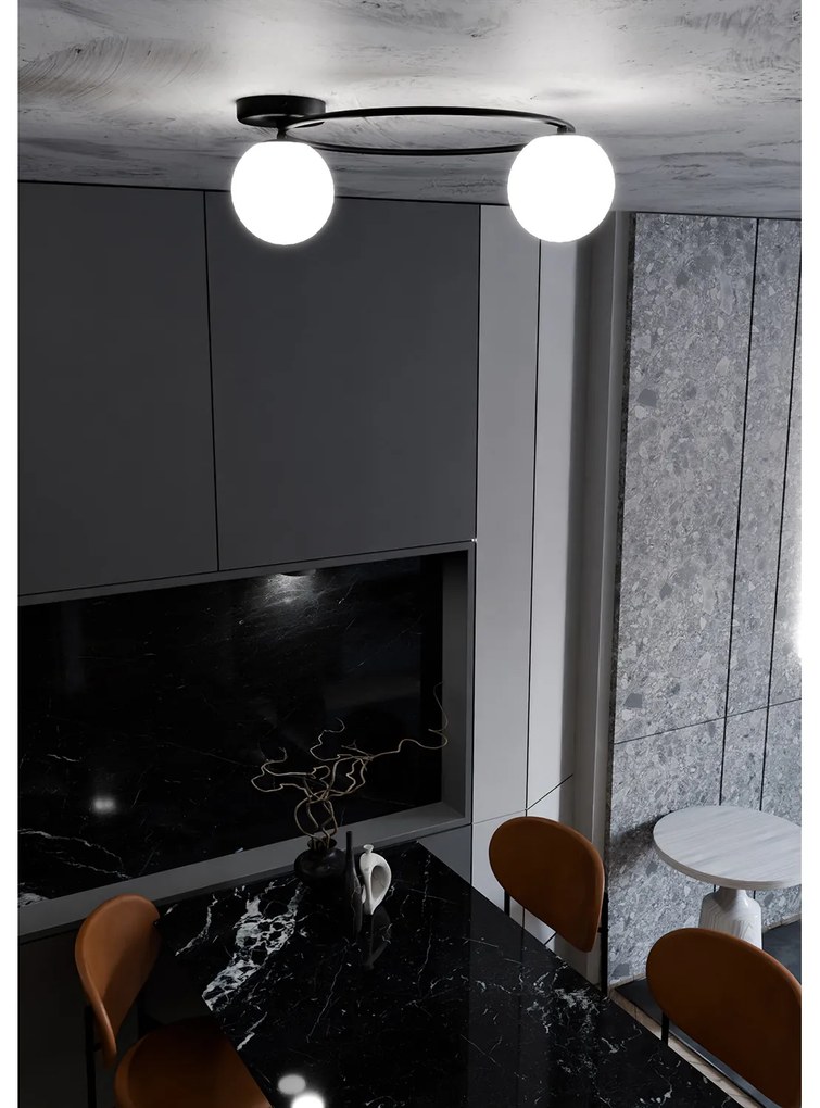 Plafoniera Minimal 2 Luci Perseo In Acciaio Nero E Sfere In Vetro Bianco