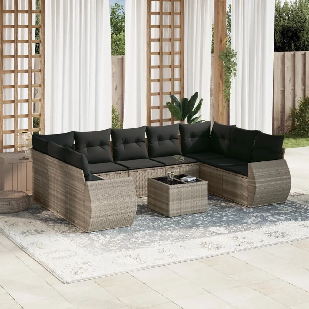 Set divano giardino 10 pz con cuscini grigio chiaro polyrattan