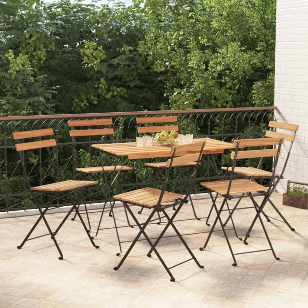 Set Bistrò Pieghevole 7pz İn Legno Massello Di Acacia E Acciaio /