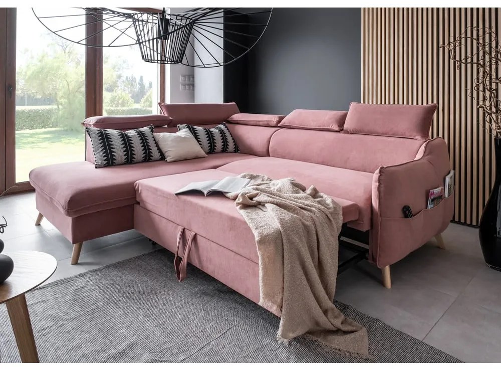 Divano letto angolare in velluto rosa chiaro (angolo sinistro) Sweet Harmony - Miuform