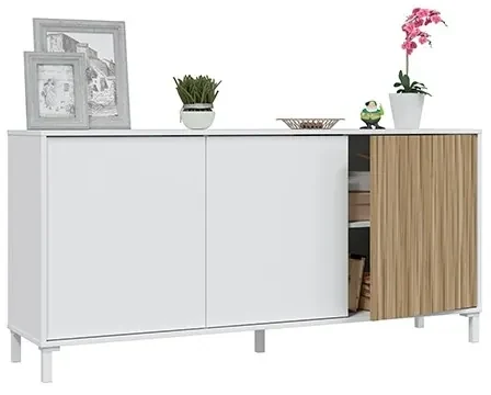 Mobile Credenza 3 Ante Con Ripiani Interni E Piedini Ethna Bianco E Rovere  Listato