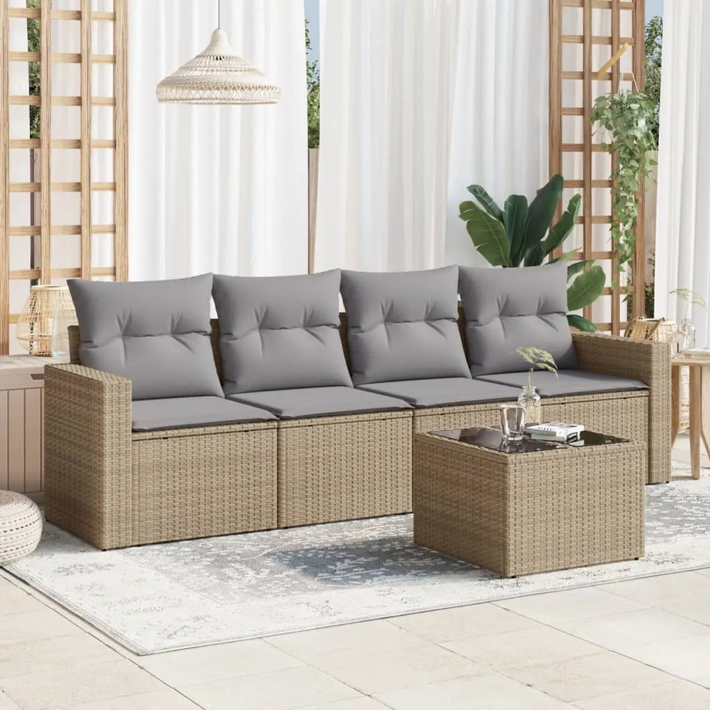 Set divano da giardino 5 pz con cuscini beige in polyrattan