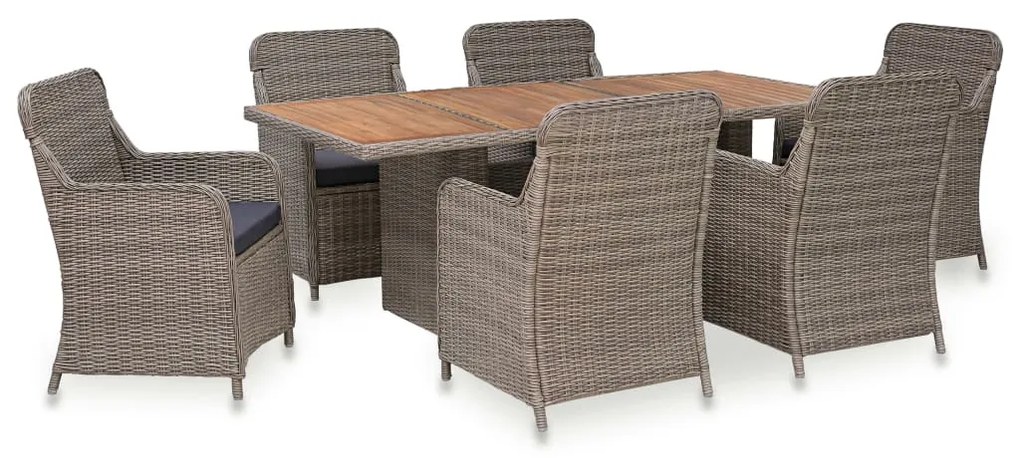 Set da pranzo da giardino 7 pz con cuscini in polyrattan marrone