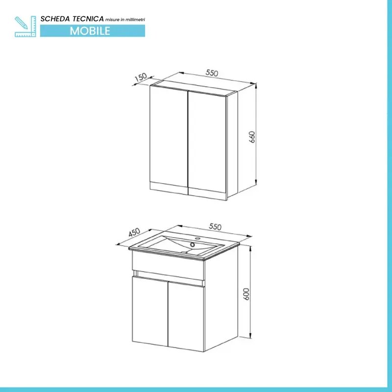 Mobile bagno sospeso 55cm rovere scuro con specchio contenitore Mona