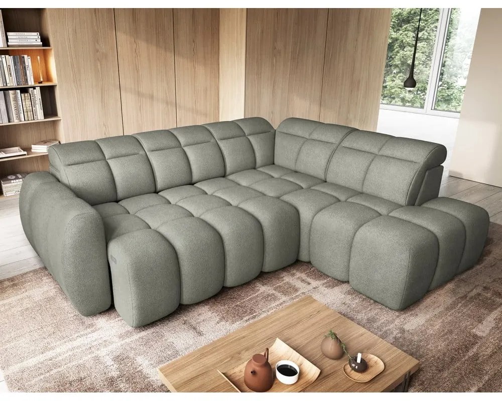 Divano angolare verde polveroso allungabile/con contenitore (con penisola a destra/a L) e rivestimento in bouclé Falconn – ELTAP