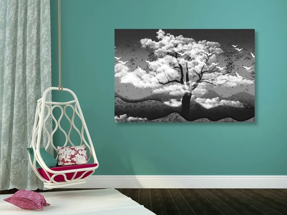 Quadro su tela – Albero in bianco e nero immerso nelle nuvole