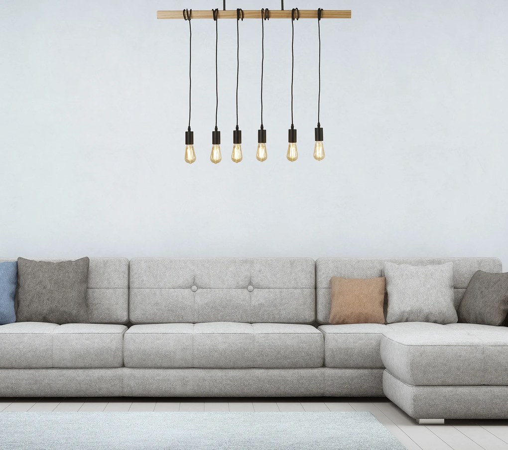 Lampadario Industrial-Nordico Legnoso Acciaio Marrone Legno 6 Luci E27