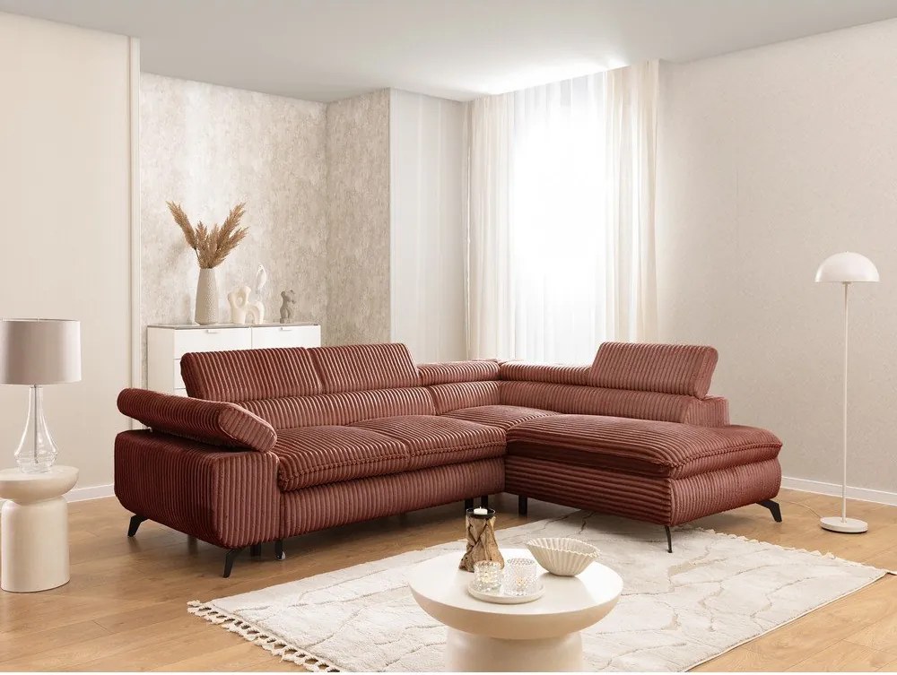 Divano angolare color terracotta (con penisola a destra/a L) con rivestimento in velluto a coste Marbeya – Ropez