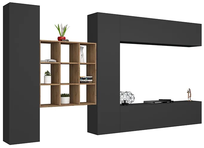 Soggiorno MARUSKA  Parete Attrezzata 350 cm, Bianco Lucido/Antracite, Libreria Rovere Wotan