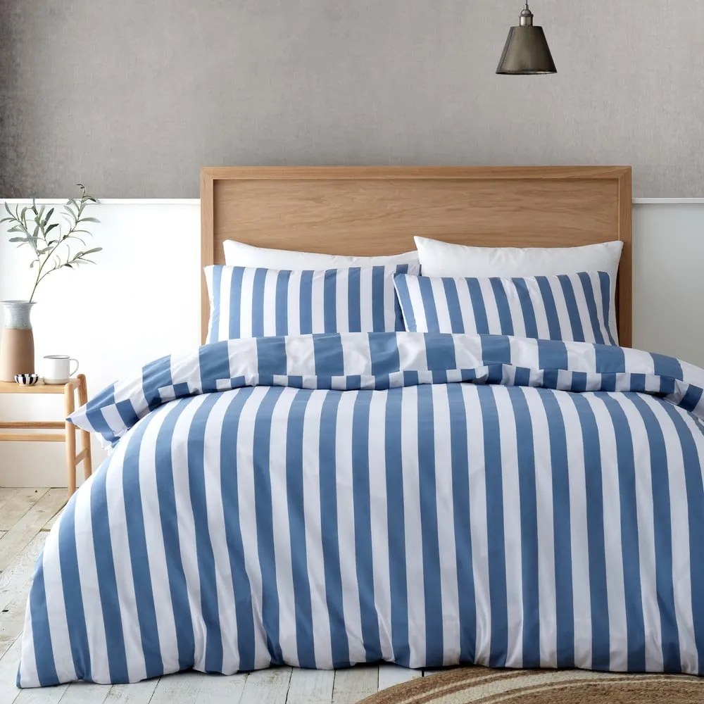 Biancheria da letto matrimoniale bianca e blu 200x200 cm Cove Stripe - Catherine Lansfield