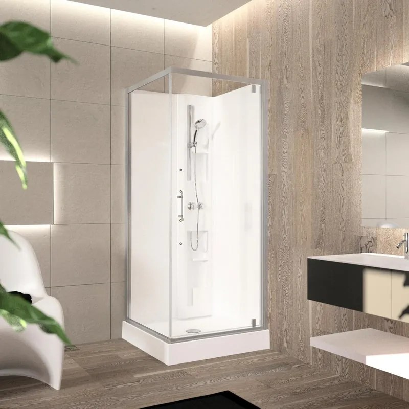 Cabina doccia idromassaggio quadrato PERLA 90 x 90 cm girevole + fisso con miscelatore termostatico silver